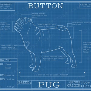 Pug Dog Breed Blueprint Custom Pet Portrait Poster Blue Print Canvas Wall Art Pet Drawing Funny Portrait Print Animal Lover Puggle Gift Blue