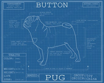 Pug Dog Breed Blueprint Custom Pet Portrait Poster Blue Print Canvas Wall Art Pet Drawing Funny Portrait Print Animal Lover Puggle Gift