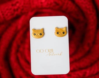 Cat Face Earrings - whimsical simple studs, cute gold color kitten, polymer clay jewelry, hand crafted cute earrings