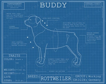 Dog Breed Blueprint Custom Pet Portrait Rottweiler Poster Blue Print Canvas Wall Art Pet Drawing Funny Portrait Print Animal Lover Gift