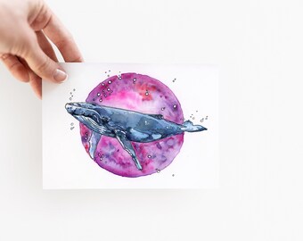 Blue Whale Watercolor - Original Painting on 4x6 - Humpback Whale Art - Ocean Life Artwork