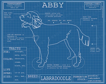 Labradoodle Dog Breed Blueprint Custom Pet Portrait Puppy Poster Blue Print Canvas Wall Art Pet Drawing Funny Portrait Print Lab Poodle