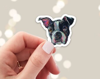 Boston Terrier Sticker - Die Cut Vinyl, Weather Proof, Water Resistant, Cute Floppy Ears Puppy Face Sticker, Laptop Art