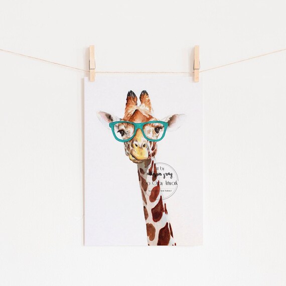 Hipster Giraffe Fine Art Print Watercolor Painting Print | Etsy