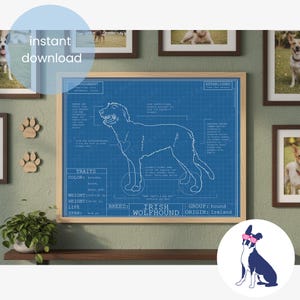Irish Wolfhound Blueprint Art Print: Funny Dog Breed Portrait (Digital Download)