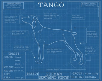 Dog Breed Blueprint Custom Pet Portrait - German Shorthaired Pointer Poster Blue Print Canvas Wall Art Pet Drawing Animal GSP Lover Gift