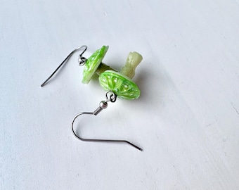 Glow-in-the-Dark Toadstool Drop Earrings: Cottagecore Polymer Clay Green Mushrooms