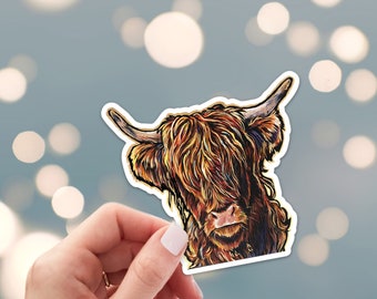Highland Cow Sticker - Die Cut Vinyl, Weather Proof, Water Resistant, Cute Hairy Bovine, Long Haired Cow for Laptop, phone case water bottle