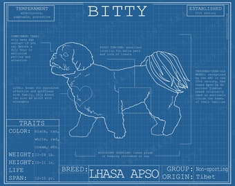 Lhasa Apso Dog Breed Blueprint Custom Pet Portrait Poster Blue Print Canvas Wall Art Pet Drawing Funny Portrait Print Animal Lover Gift