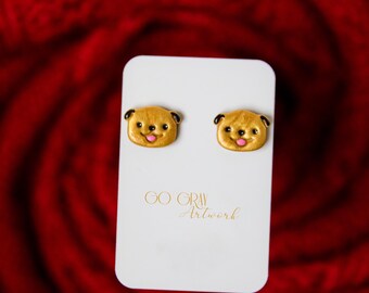 Cute Dog Earrings - whimsical pug puppy studs, cute smiling dog face, polymer clay jewelry, hand crafted cute earrings