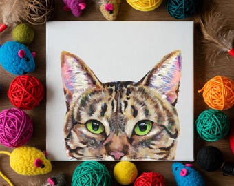 Peeking Brown Tabby Acrylic Painting 6x6 on gallery wrap stretched canvas - Tabby Cat - Colorful kitten wall artwork - Pet Portrait Art