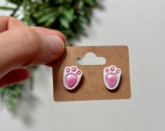 Easter Earrings - whimsical rabbit footprints studs, cute Easter bunny paw prints, polymer clay jewelry, hand crafted cute earrings