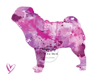 Pug Silhouette - 5x7 Watercolor Print Artwork of Colorful Purple Pug for Pet Lovers, Dog Lover Gift, Decor