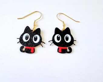 Christmas Black Cat Drop Earrings - Winter Kitty Jewelry