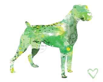 Boxer Silhouette - 8x10 Watercolor Green and Yellow Print Artwork of Colorful Boxer Dog for Pet Lovers, Dog Lover Gift, Decor