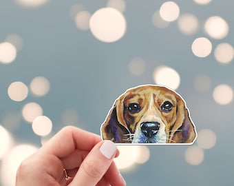 Peeking Beagle Sticker - Die Cut Vinyl, Weather Proof, Water Resistant, Hound Dog Face Peeking Over Edge Puppy Sticker