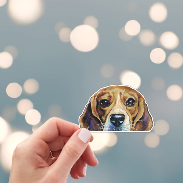 Peeking Beagle Sticker - Die Cut Vinyl, Weather Proof, Water Resistant, Hound Dog Face Peeking Over Edge Puppy Sticker