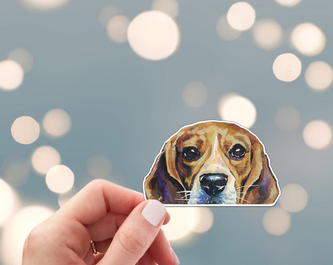 Featured listing image: Peeking Beagle Sticker - Die Cut Vinyl, Weather Proof, Water Resistant, Hound Dog Face Peeking Over Edge Puppy Sticker