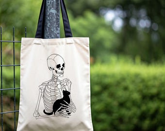 Skeleton with Cat Tote Bag - Skeleton Holding Black Kitty Market Bag, Reusable Cotton Grocery Bag Gift