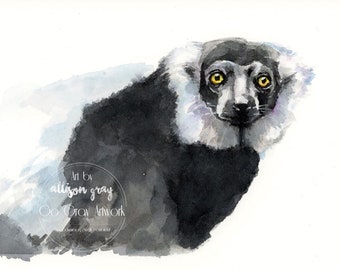 Black & White Ruffed Lemur Original Watercolor Painting - 5x7 Erie PA Zoo Animal Wall Art - All Proceeds Donated to Nonprofit