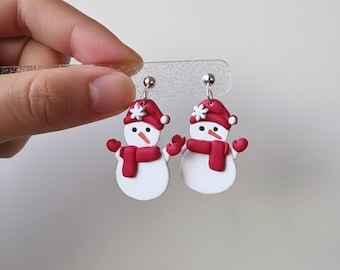 Snowman Drop Earrings: Handmade Polymer Clay Winter Jewelry