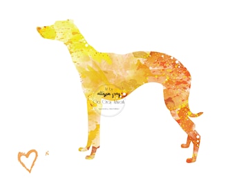Whippet Greyhound Dog Silhouette - 8x10 Watercolor Print Artwork of Colorful Yellow and Orange Dog for Pet Lovers, Dog Lover Gift, Decor