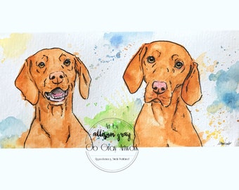 Vizsla Dog Watercolor Painting - 2 Colorful Vizslas Painted Original Artwork - Tan Puppy for Pet Owner Wall Decor Hunting Dog art