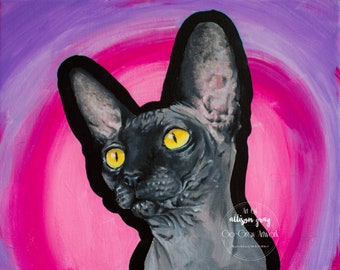 Sphinx Cat Acrylic Painting 8x10 on gallery wrap stretched canvas - Unique and Colorful hairless kitty wall decor artwork - Pet Portrait Art