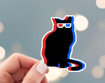 3D Black Cat Sticker - Die Cut Vinyl, Weather Proof, Water Resistant, 3D Glasses, Cat Lover Gift, Funny Water Bottle Sticker, Laptop Art