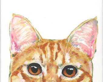 Peeking Cat Acrylic Painting 6x6 on gallery wrap stretched canvas - Unique and Colorful orange tabby wall decor artwork - Pet Portrait Art