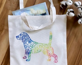 Beagle Tote Bag - Colorful & Vibrant Mandala Floral Rainbow Hound Dog Silhouette Market Bag, Pet Lovers Reusable Grocery Bag Gift