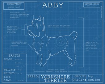 Dog Breed Blueprint Custom Pet Portrait Yorkshire Terrier Poster Blue Print Canvas Wall Art Drawing Funny Portrait Print Yorkie Lover Gift