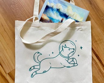 Space Dog Tote Bag - Cartoon Astronaut Puppy Market Bag, Pet Lovers Reusable Grocery Bag Gift