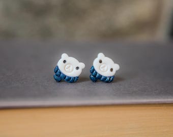 Polar Bear Earrings - whimsical holiday studs, cute white bear with scarf, polymer clay jewelry, hand crafted cute earrings