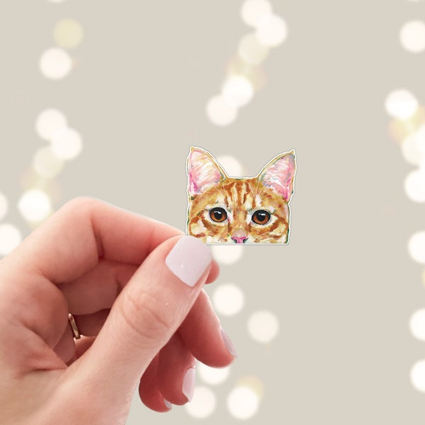 Mini Peeking Cat Sticker - Die Cut Vinyl, Weather Proof, Water Resistant, Small Orange Tabby Cat Face Peeking Over Edge Tiny Sticker