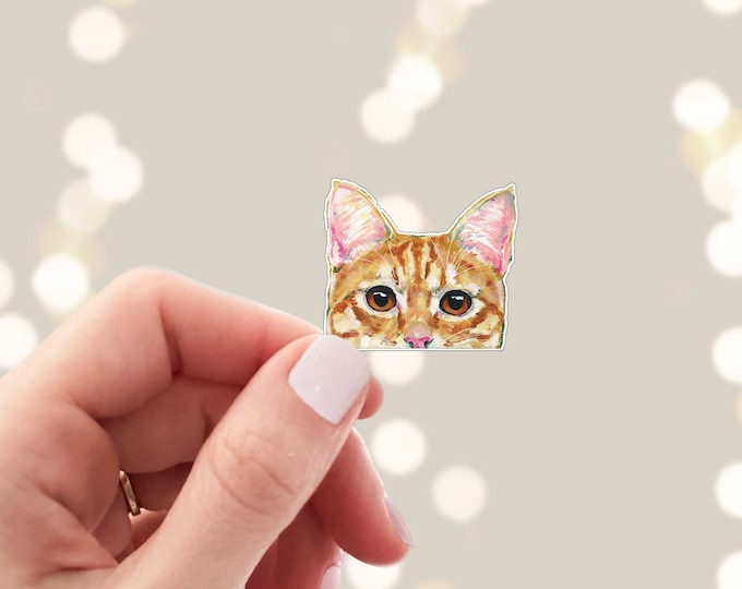 Featured listing image: Mini Peeking Cat Sticker - Die Cut Vinyl, Weather Proof, Water Resistant, Small Orange Tabby Cat Face Peeking Over Edge Tiny Sticker