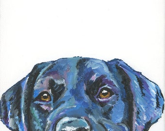 Peeking Black Lab Dog Acrylic Painting 6x6 on stretched canvas - Colorful black Labrador retriever wall artwork - Pet Portrait Art