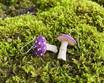 Purple Toadstool Drop Earrings: Cottagecore Polymer Clay Mushrooms
