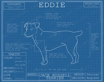 Jack Russell Terrier Dog Breed Blueprint - Custom Puppy Poster Blue Print Canvas Wall Art Pet Drawing Funny Portrait Print Animal Lover Gift