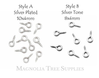 Silver Screw Eyes, Silver Hook Eyes, Eyelet Screws, Silver Plated, Eye Pin Bail, Top Drilled Findings, 10mm x 4mm & 8mm x 4mm, 75/100pcs