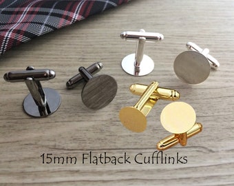 15mm Round Flat Pad Cufflinks, Flat Back DIY cuff links, Round Cufflinks, Wedding Cufflinks, Gunmetal/Silver/Gold, 2 or 5 pairs