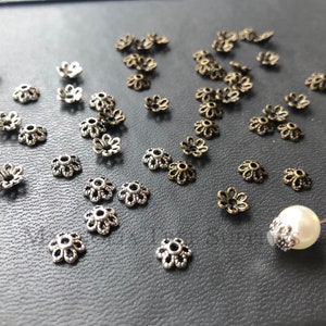 6mm Silver and Bronze Bead Caps, Flower Bead Caps, Antique Silver Bead Caps, Findings, Fit 8-10mm Beads, 50pcs