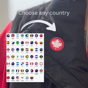May include: A black jacket with a red and white maple leaf pin. The image includes a selection of country flag pins and the text "Choose any country."
