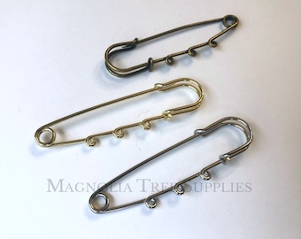 2.75" Kilt Pin Brooch, Large Safety Pins Three Loops, DIY Craft Pin, Silver/Bronze/Gold
