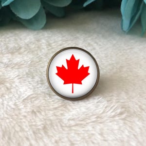 May include: A circular pin featuring a vibrant red maple leaf centred on a white background, enclosed within a metallic bronze-toned frame. The design is clean and symmetrical, showcasing the iconic leaf shape with sharp, defined edges.