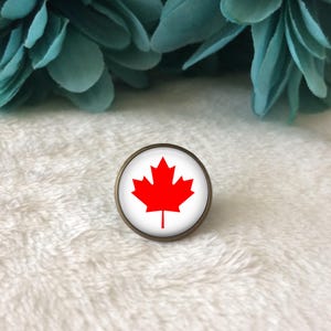 May include: A close-up of a round, white and red Canadian flag pin with a gold metal frame. The pin features a red maple leaf on a white background.