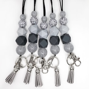 Grayscale Silver Glitter Lanyard, Silicone Beaded Lanyard, Teacher Gift, Neutral Lanyard, Badge Holder, Breakaway Lanyard