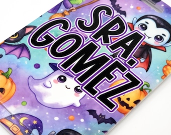 Personalized Teacher ID Badge Holder: Kawaii Halloween