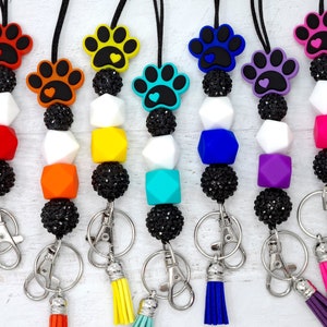 Colorful Paw Print Lanyard, Silicone Beaded Lanyard, Teacher Gift, Badge Holder, Breakaway Lanyard, Dog Lanyard