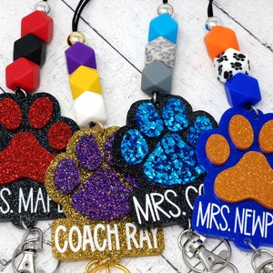 Custom Glitter Paw Print Personalized Teacher Lanyards, Engraved Teacher Lanyard, Badge Holder, Breakaway Lanyard